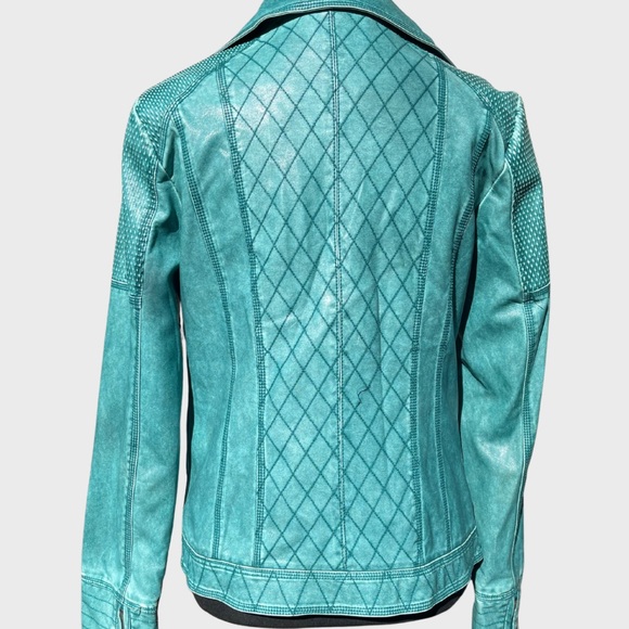 Blanc Noir turquoise teal faux leather moto jacket • size M - Picture 5 of 16